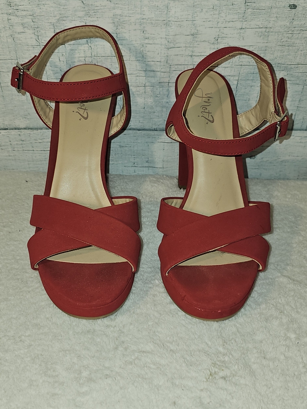 Red Suede Cross-Strap Block Heel Sandals with Ankle Strap